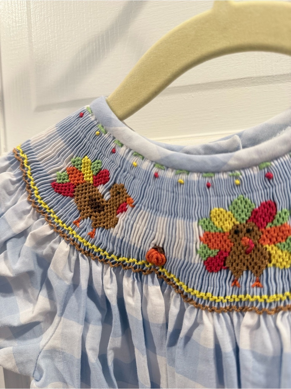 Smocked Thanksgiving Light Blue Gingham Girls' Dress 2T / holiday - Picture 2 of 6